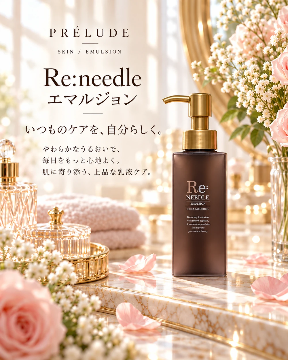 化粧水後の保湿ケアに用いる乳液（Re:needle）の商品イメージ